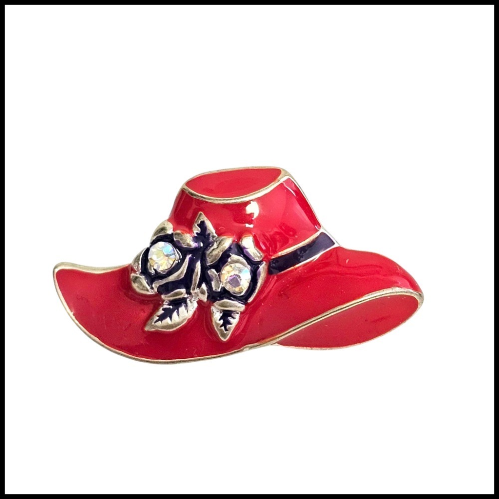 Red Hat Pin Brooch with Rhinestone Flowers - Elegant Fashion Accessory